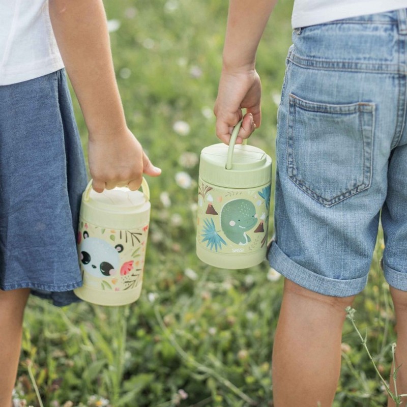 Portapranzo termico giallo per bambini decorato con panda e foglie in acciaio inossidabile, con cucchiaio incluso e maniglia estraibile per agevolare il trasporto